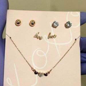 Women's Rose Gold-tone triple Heart Rhinestone Lilac Necklace w/ 3 stud Earrings